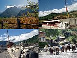 308 Nilgiri From Larjung, Prayer Wheels At Larjung And After Larjung, Donkey Train Near Kalopani UL Nilgiri Central (6940m) and Nilgiri South (6839m) across from Larjung.  UR By the time I got to Khobang's twin-village of Larjung (2560m) the clouds totally covered Dhaulagiri. �The Sherpas took us by way of Larjung, no doubt so that they could spin the prayer-wheels� (Maurice Herzog, Annapurna). LL At the bend in the river between Larjung (2560m) and Kalopani (2530m) is the deepest gorge in the world. Annapurna I (8091m) and Dhaulagiri (8167m) are 35km apart on either side of the valley, while the bottom of the valley is at 2540m. LR: Donkey trains are a common feature on the west side of the Annapurna region and are used to ferry goods between the remote mountain villages.